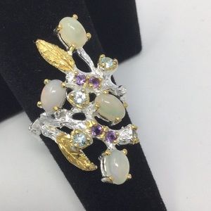Enchanting Genuine Opals, Amethysts & Topaz Ring